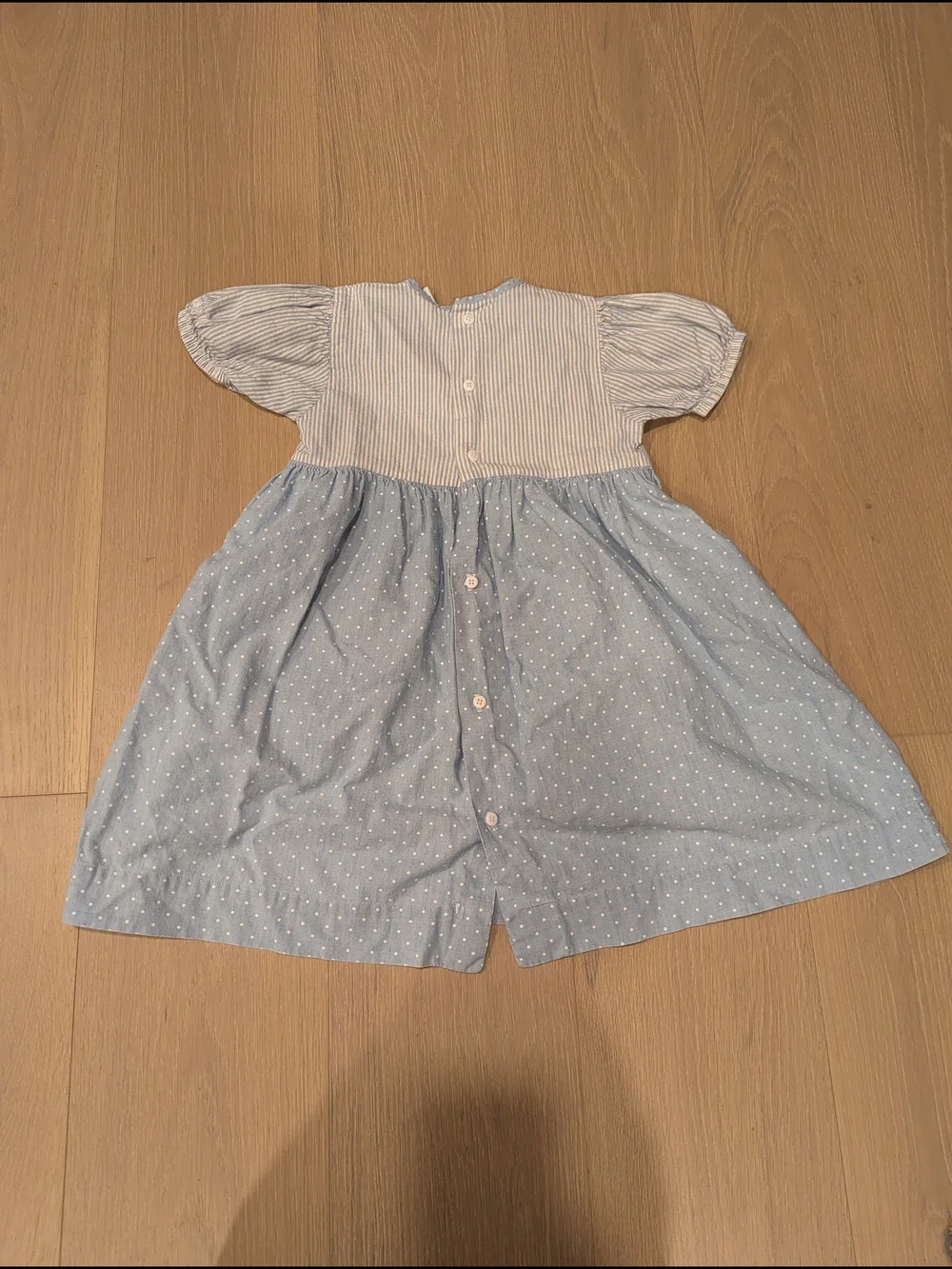 Vintage OshKosh Light Blue Polka Dot Kids Dress with Striped Accents